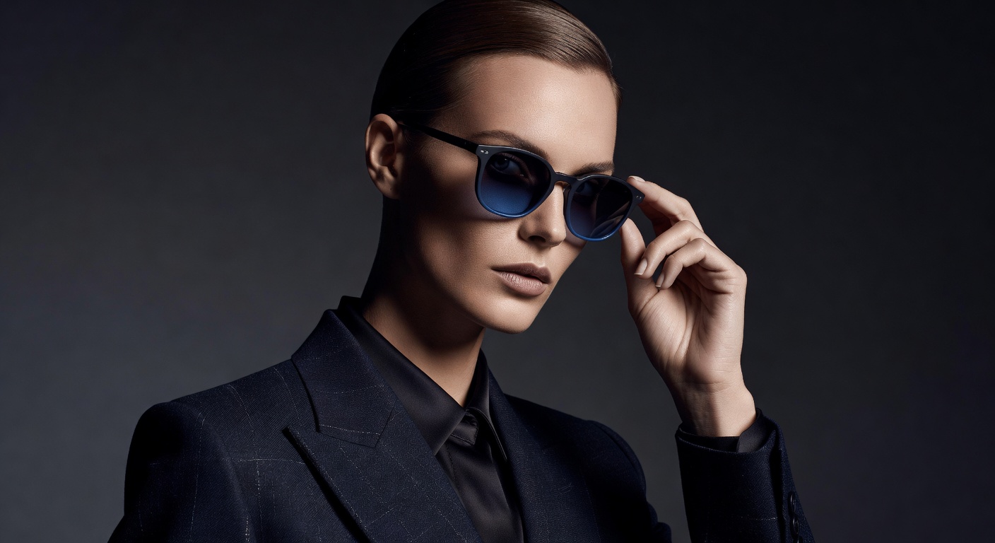 High-end editorial fashion shot of model wearing luxury eyewear